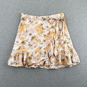 American Eagle Mini Skirt Womens S Yellow White Floral Wrap Ruffle Linen Blend
